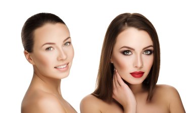 comparison portraits beautiful girl with and without makeup, before and after. left face nude makeup and right makeup and retouch