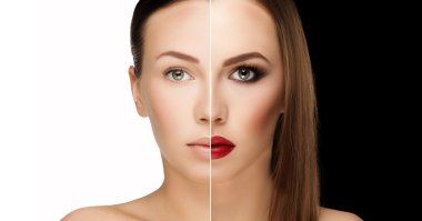 comparison portraits beautiful girl with and without makeup, bef