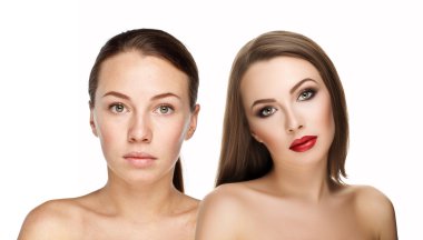 comparison portraits beautiful girl with and without makeup, before and after. left clean face no makeup and right makeup and retouch