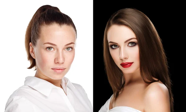 Comparison portraits beautiful girl with and without makeup, before and after. left clean face no makeup and right makeup and retouch — Stock Fotó