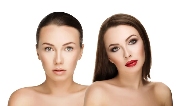 comparison portraits beautiful girl with and without makeup, before and after. left clean face no makeup and right makeup and retouch