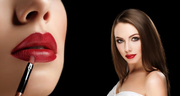 Collage of young beautiful woman apply red lipstick on lips with closeup photo of lips with brush side view on black background — Stockfoto