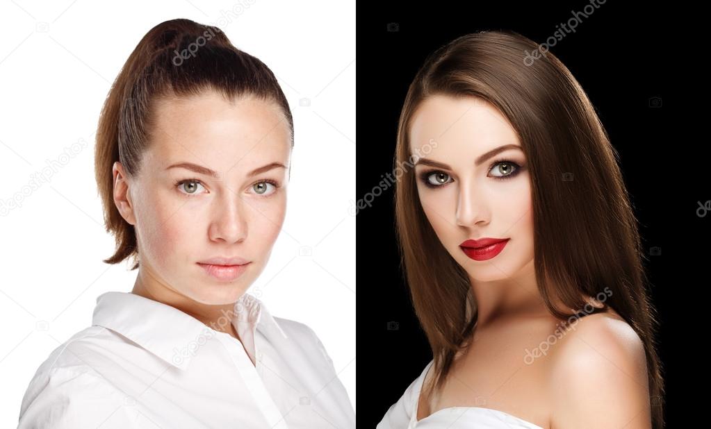 comparison portraits beautiful girl with and without makeup, before and after. left clean face no makeup and right makeup and retouch