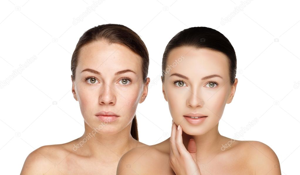 comparison portraits beautiful girl with and without nude makeup, before and after. left clean face no makeup and right nude makeup and retouch