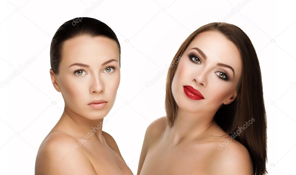 comparison portraits beautiful girl with and without makeup, before and after. left clean face nude makeup and right makeup and retouch