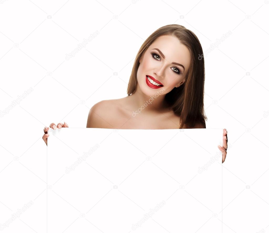 Smiling woman with makeup holding white blank mockup signboard. Modern beauty template