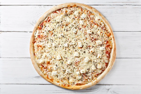 Delicious four cheeses pizza served on wooden table. quattro for — Stock Photo, Image