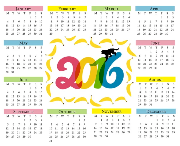 Calendario de monos. Calendario para 2016 con un símbolo del horóscopo chino con plátanos y monos. Color. . — Vector de stock
