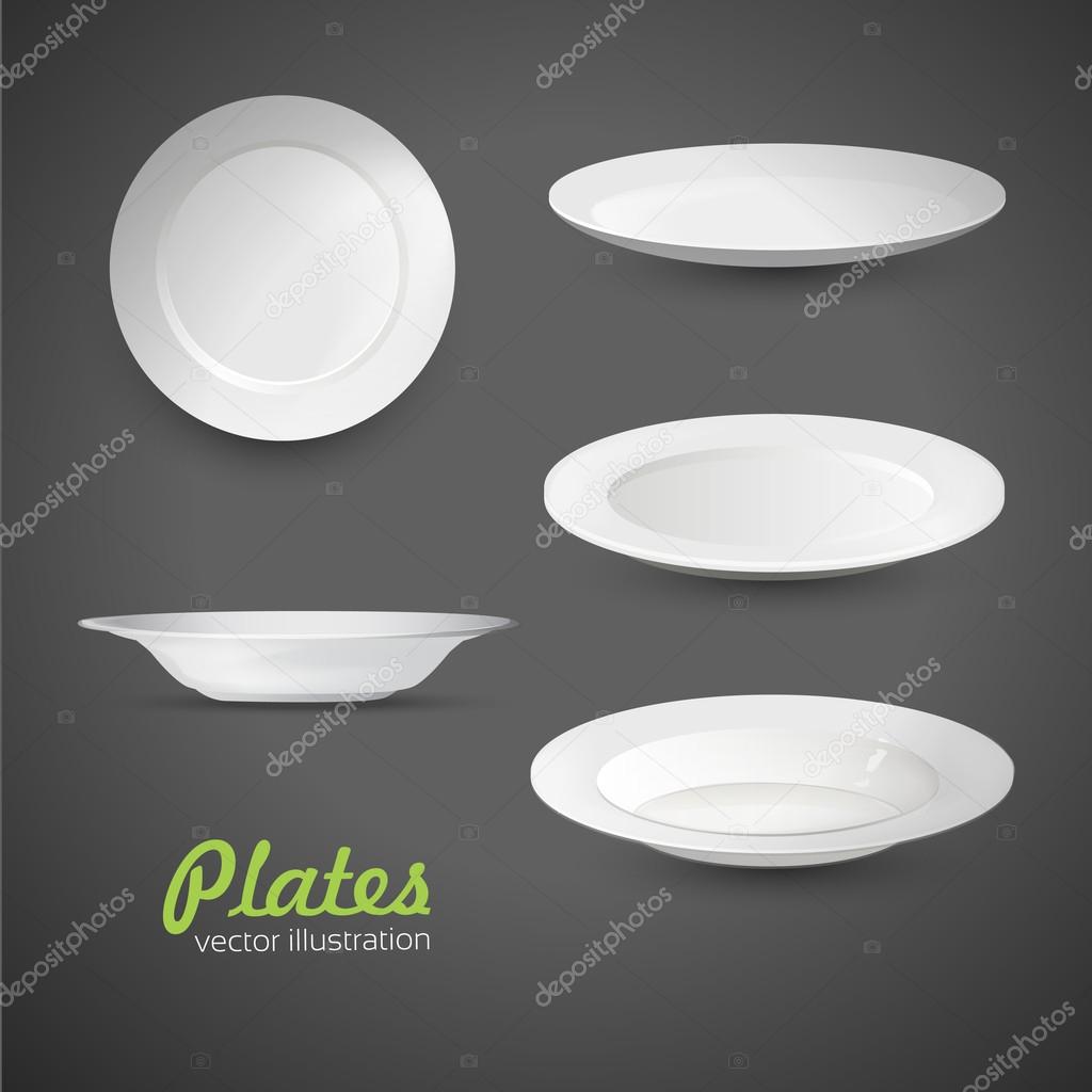 set of empty white plate on the grey background