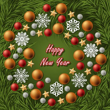 Yeni yıl için içinde köknar dalları, Noel baloları, yıldızlar ve kar taneleri olan tebrik kartı.
