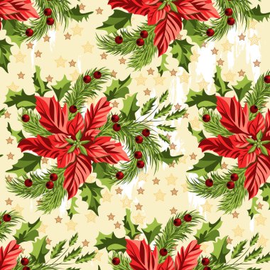 Kusursuz desenli bir Noel buketi, alaçam dalları ve yıldızların arka planında Holly.