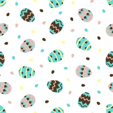 Beyaz arka planda paskalya yumurtası izi yok. Rengarenk yumurta deseni. Duvar kağıdı, arkaplan, ambalaj kağıdı, kumaş, ambalaj, tebrik kartları, davetiyeler için harika.