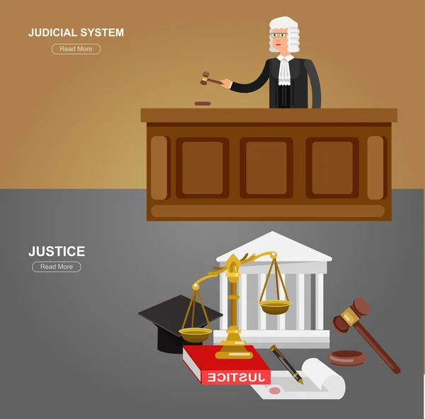 Ley horizontal banner conjunto con elementos del sistema judicial ilustración vectorial aislado — Vector de stock