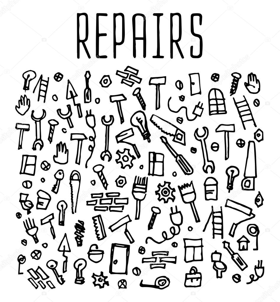 Hand drawn repairs construction tools seamless logo, repairs doodles elements, repairs seamless background. Repairs sketchy illustration