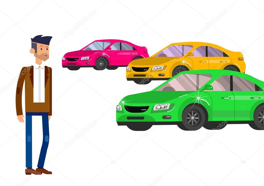 Design concept of choice car and buying a car. Vector car, car cool flat, car  illustration. Vector detailed character buyer man, cool flat  illustration isolated on white background.