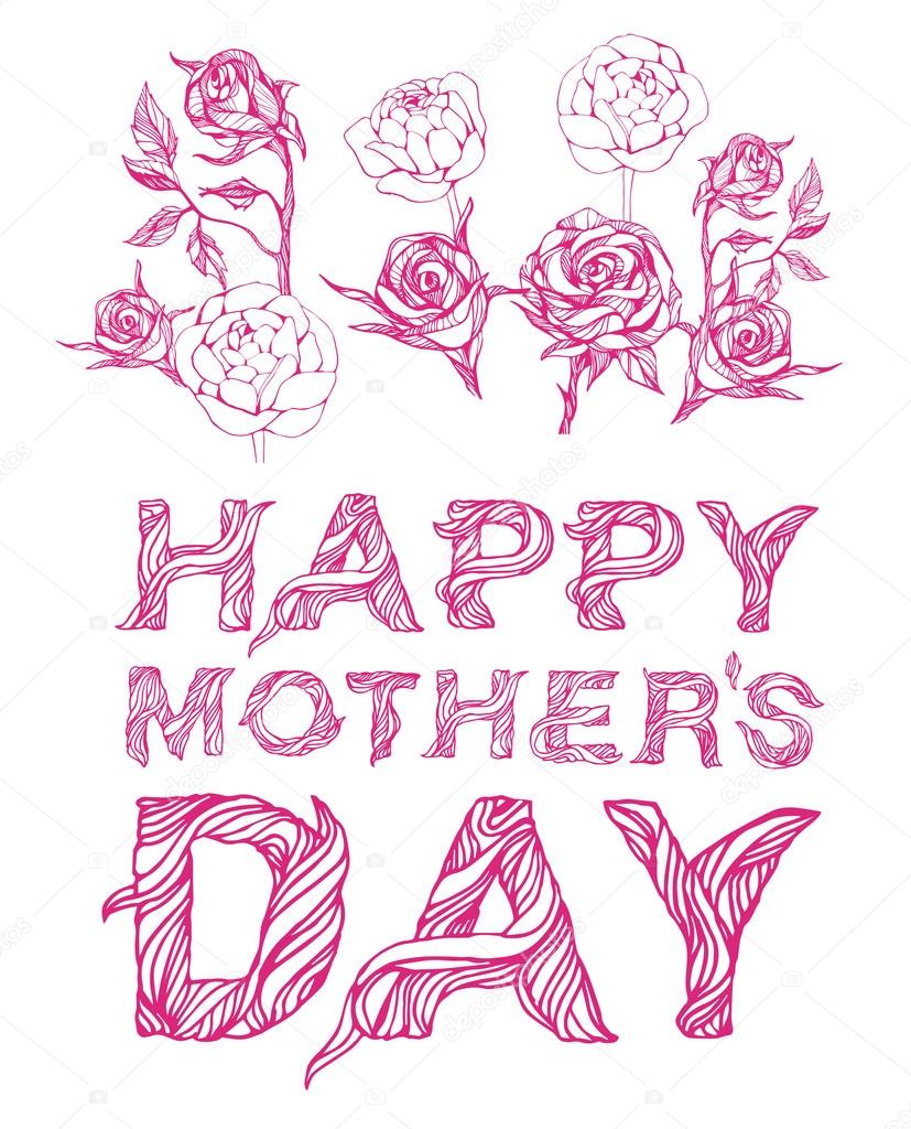 Lettering Happy Mothers Day. Hand-drawn card with flower for Mothers Day. Vector illustration Mothers Day. Greeting card for Mothers Day