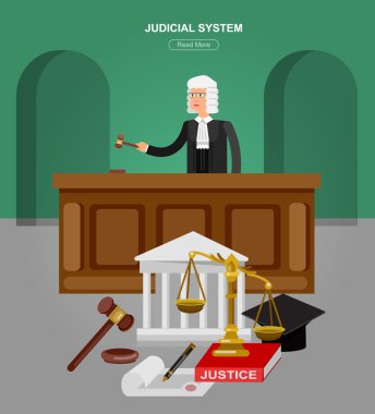 Hukuk yatay banner yargı sistemi elemanları izole vektör çizim ile ayarla