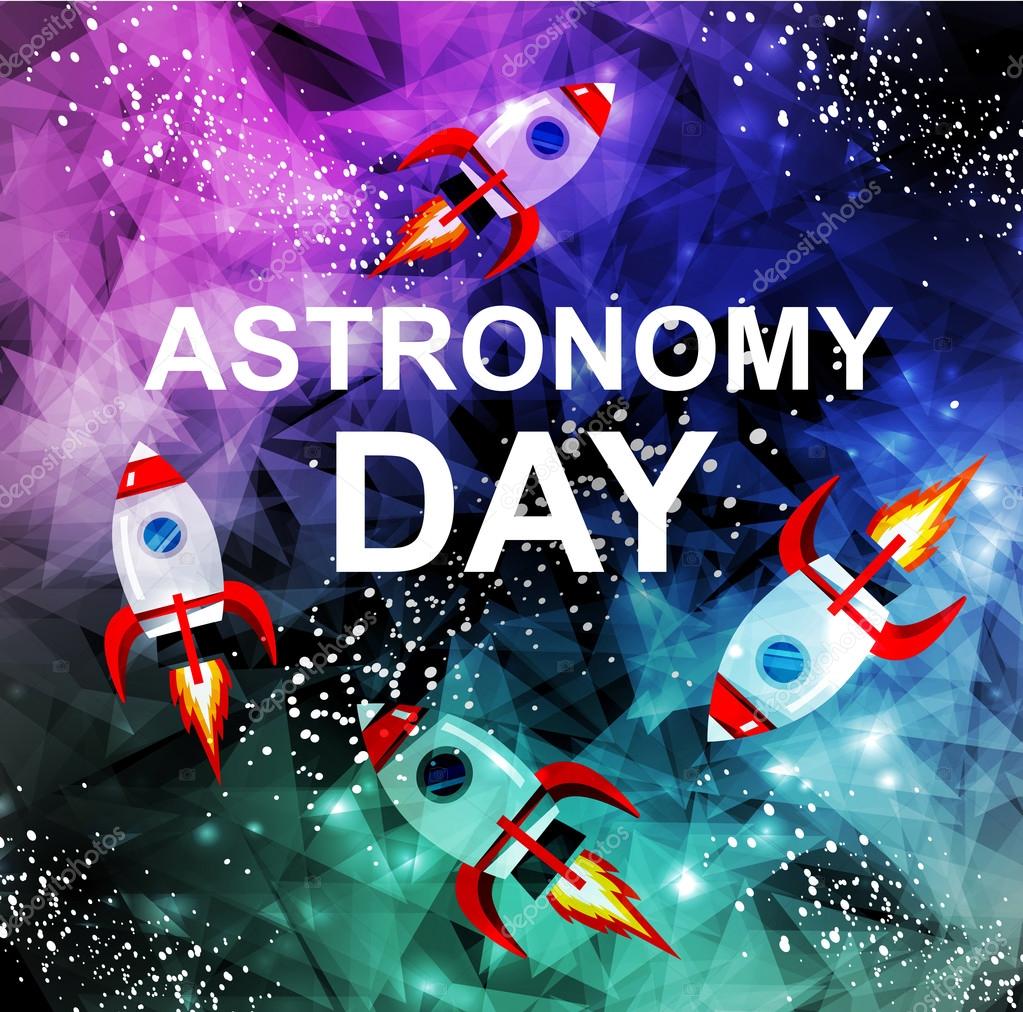 May 14 Day of Astronomy. Vector illustration in flat style about outer space. Planets in the, rocket in space. Greeting card