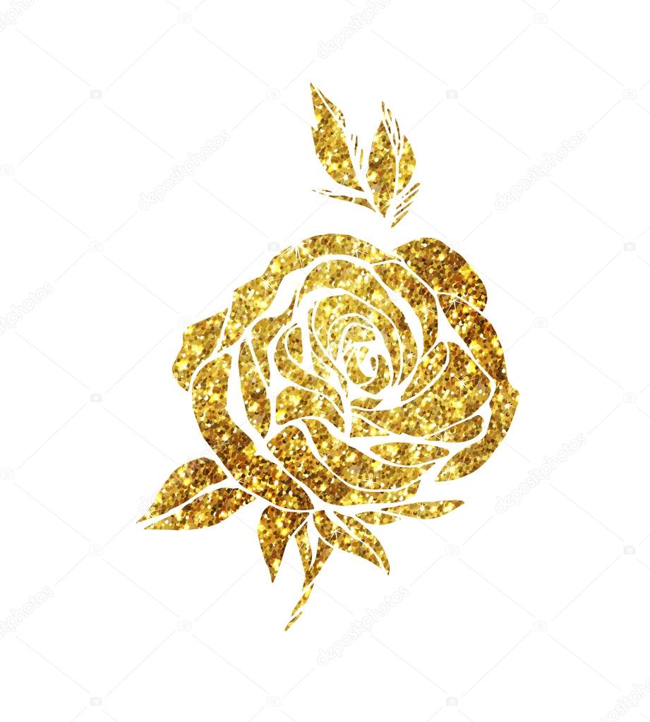 Glowing golden rose on background. Gold sparkles rose. Gold banner.