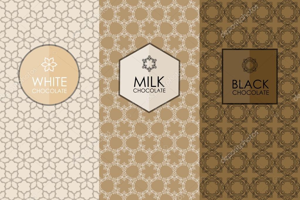 Vector set of templates packaging, label, banner, poster, identity, branding, logo icon, seamless pattern in trendy linear style for chocolate and cocoa package -white, milk and dark chocolate