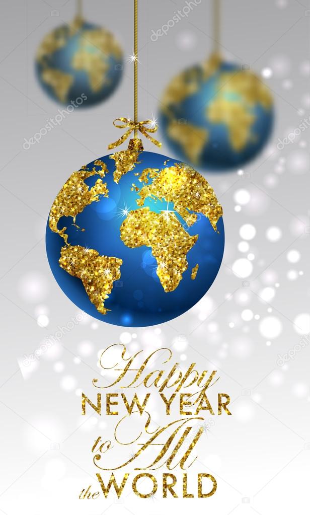Glitter christmas ball with world map. Greeting Card with typography and gold world globe. Merry Christmas concept. Background with golden calligraphic elements