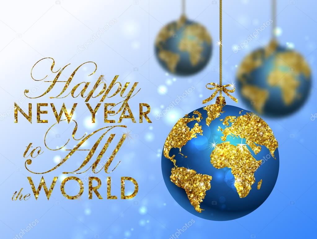 Glitter christmas ball with world map. Greeting Card with typography and gold world globe. Merry Christmas concept. Background with golden calligraphic elements
