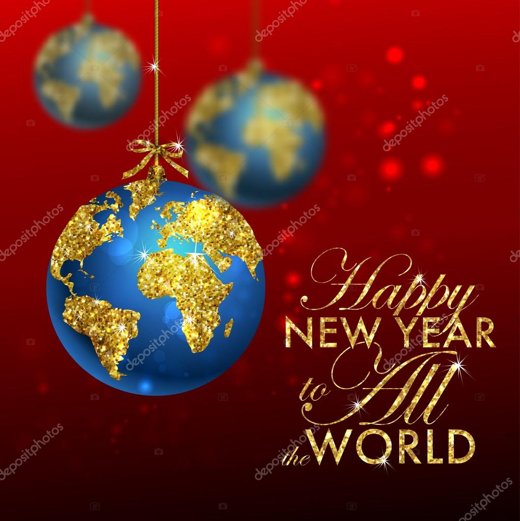 Glitter christmas ball with world map. Greeting Card with typography and gold world globe. Merry Christmas concept. Background with golden calligraphic elements