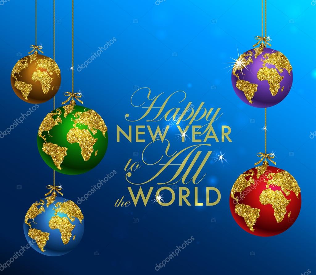 Glitter christmas ball with world map. Greeting Card with typography and gold world globe. Merry Christmas concept. Background with golden calligraphic elements