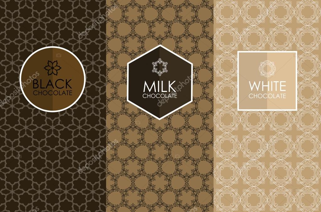Vector set of templates packaging, label, banner, poster, identity, branding, logo icon, seamless pattern in trendy linear style for chocolate and cocoa package -white, milk and dark chocolate