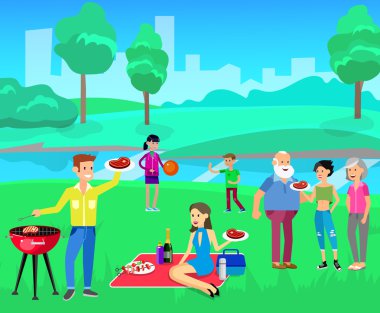 Aile pikniği. Barbekü partisi. Gıda ve Barbekü