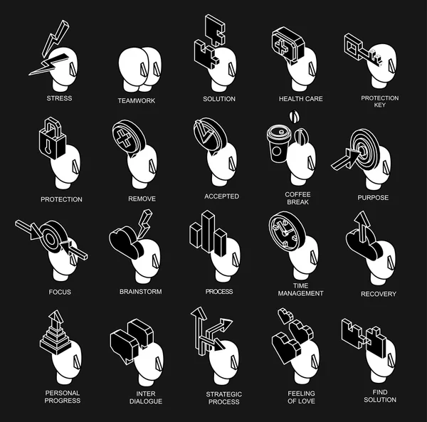 Isométriques icônes collection de processus du cerveau humain — Image vectorielle