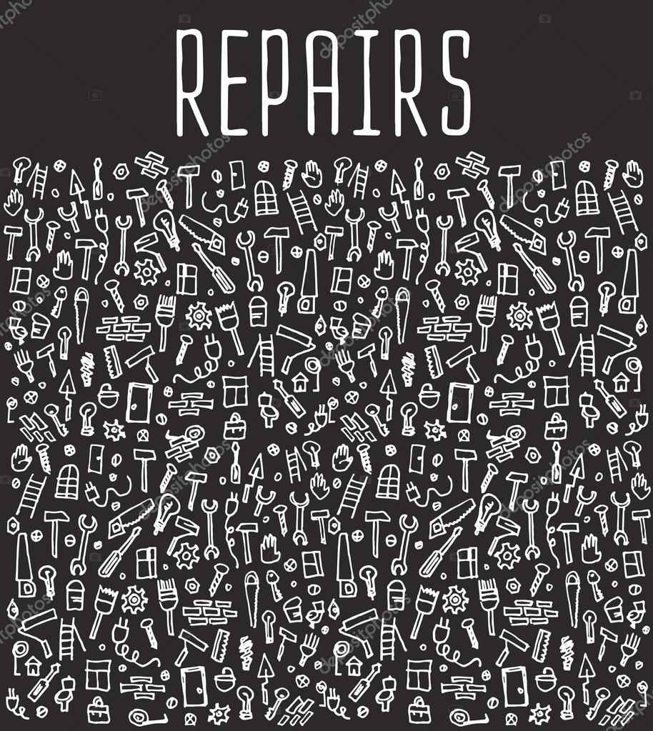 Hand drawn repairs construction tools seamless logo, repairs doodles elements, repairs seamless background. Repairs sketchy illustration