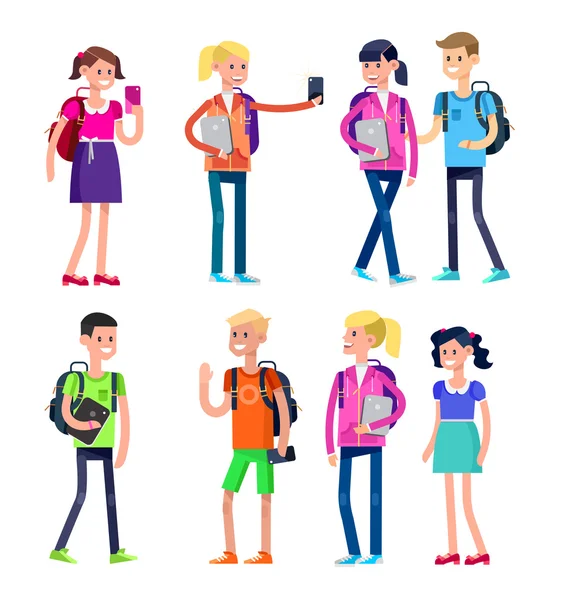 Vector personaje detallado diseño plano niños estudiantes — Vector de stock