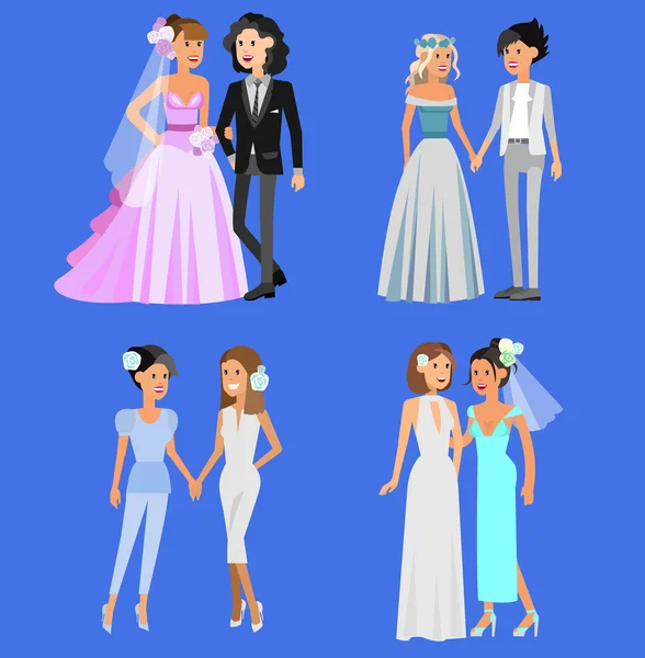 Familia no tradicional. Feliz linda boda gay y lesbiana — Vector de stock