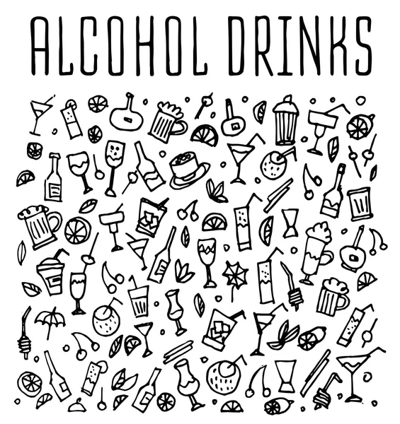 Ensemble de divers cocktails doodles et boissons gazeuses — Image vectorielle