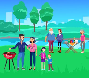 Aile pikniği. Barbekü partisi. Gıda ve Barbekü