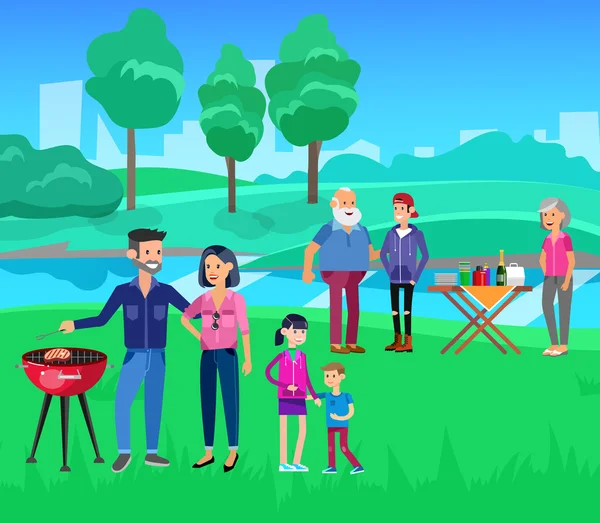 Family picnic. Bbq party. Food and barbeque — Stock Vector