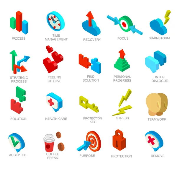 Isométriques icônes collection de processus du cerveau humain — Image vectorielle