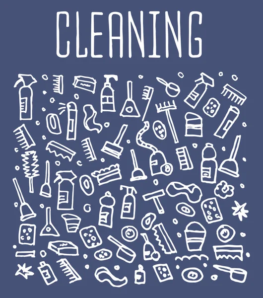 Herramientas de limpieza dibujadas a mano logotipo sin costuras — Vector de stock