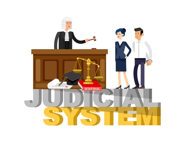 Törvény vízszintes banner igazságszolgáltatási rendszer elemek elszigetelt vektoros illusztráció beállítása — Stock Vector