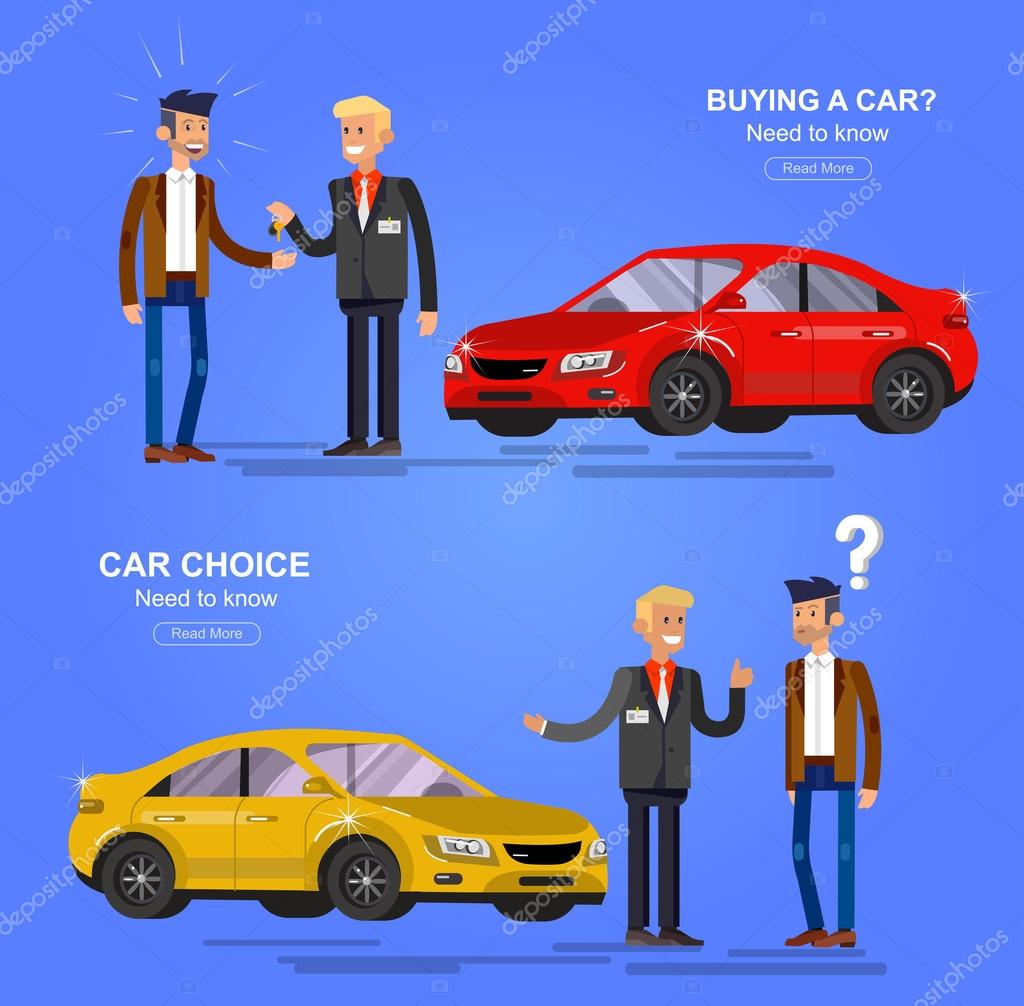Design concept of choice car and buying a car. Vector car, car cool flat, car  illustration. Vector detailed character buyer and seller, cool flat  illustration. Web banner template