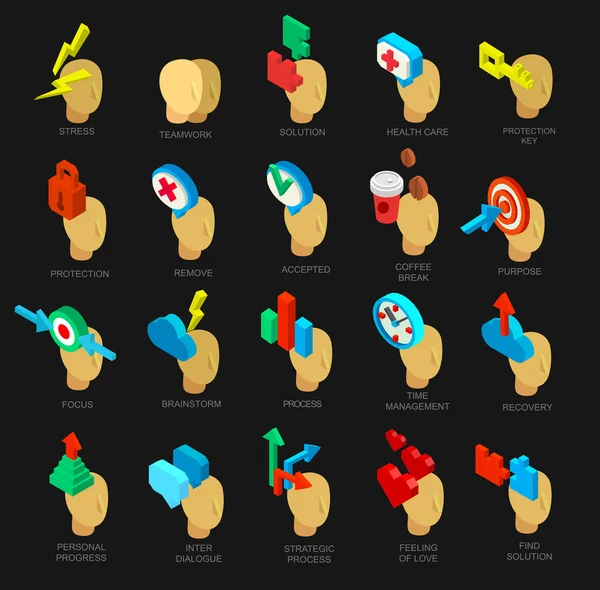 Iconos isométricos colección de proceso cerebral humano — Vector de stock
