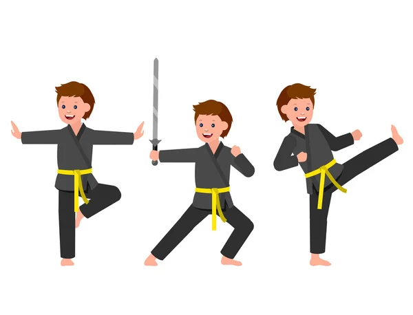 Dibujos animados niño usando kimono, arte marcial — Vector de stock