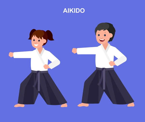 Dibujos animados niño usando kimono, arte marcial — Vector de stock