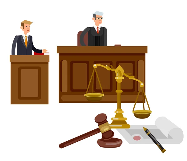 Ley horizontal banner conjunto con elementos del sistema judicial ilustración vectorial aislado — Vector de stock