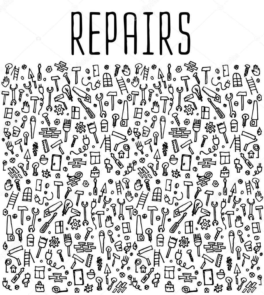 Hand drawn repairs construction tools seamless logo, repairs doodles elements, repairs seamless background. Repairs sketchy illustration