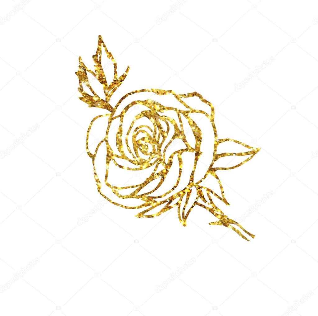 Glowing golden rose on background. Gold sparkles rose. Gold banner.