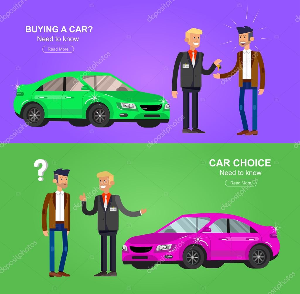 Design concept of choice and buying a car. Vector detailed character buyer and seller, cool flat  illustration. Web banner template