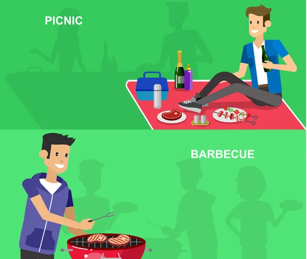 Piknik keluarga. Pesta Bbq. Makanan dan barbekyu - Stok Vektor