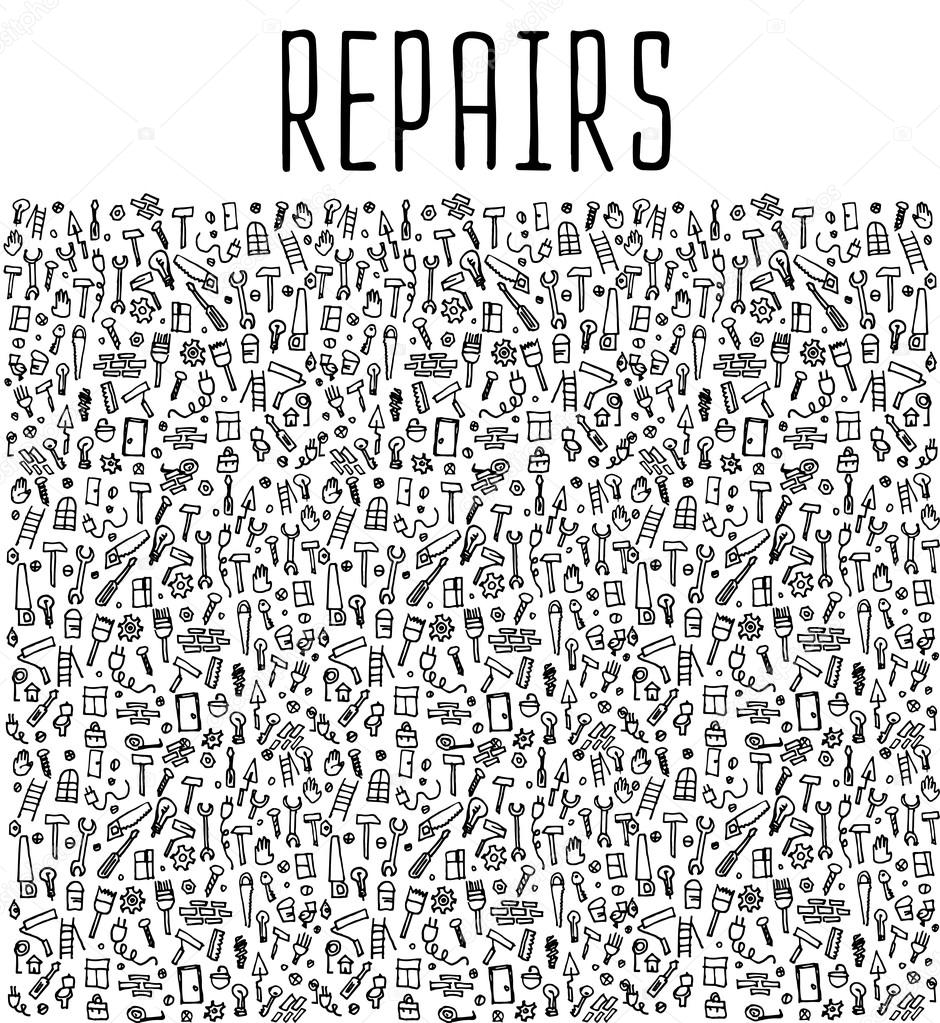 Hand drawn repairs construction tools seamless logo, repairs doodles elements, repairs seamless background. Repairs sketchy illustration